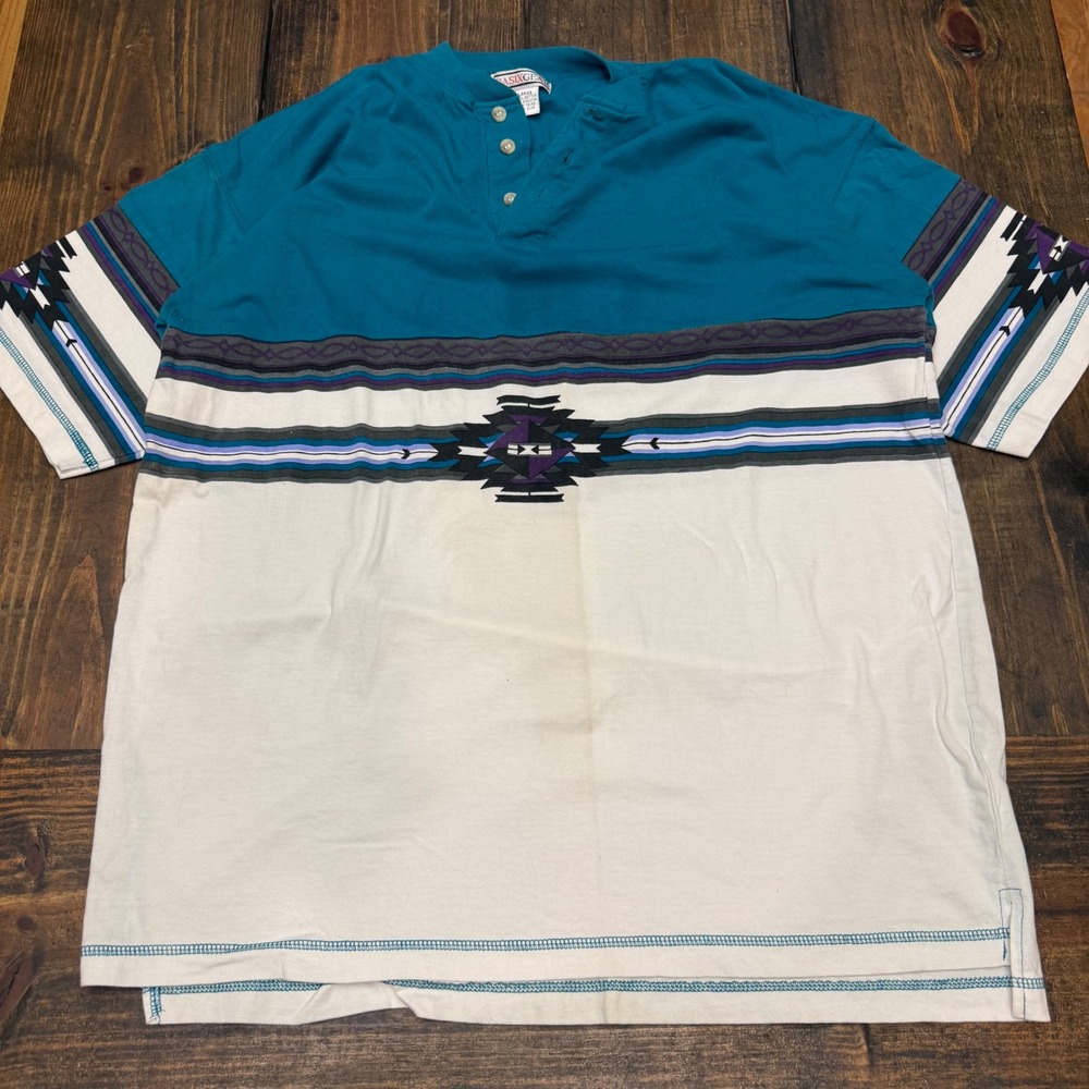Basix Gear Mens Large Vintage Southwestern Henley Shirt Teal White Geometric 90s